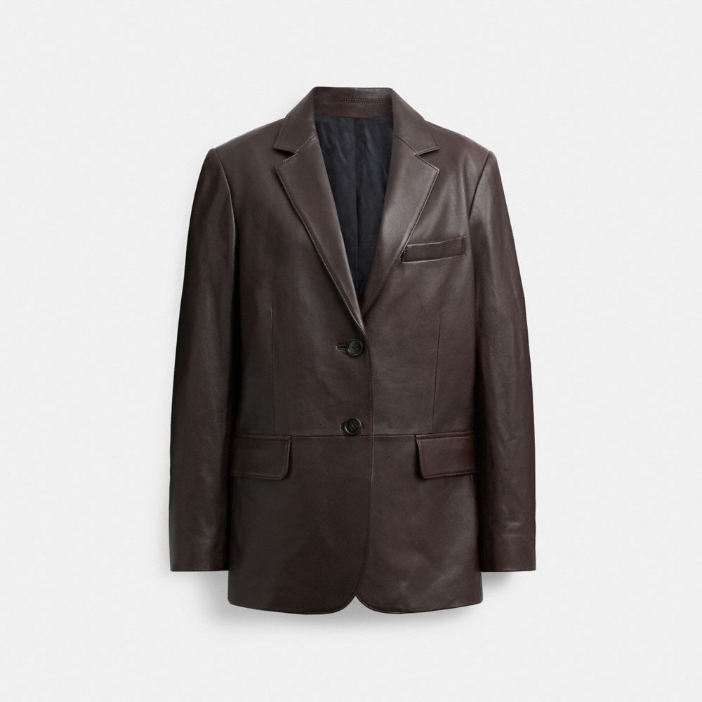 COACH®,Leather Blazer,Leather,Polyester,Viscose,Blazer,No Embellishment,Work,Brown,Front View