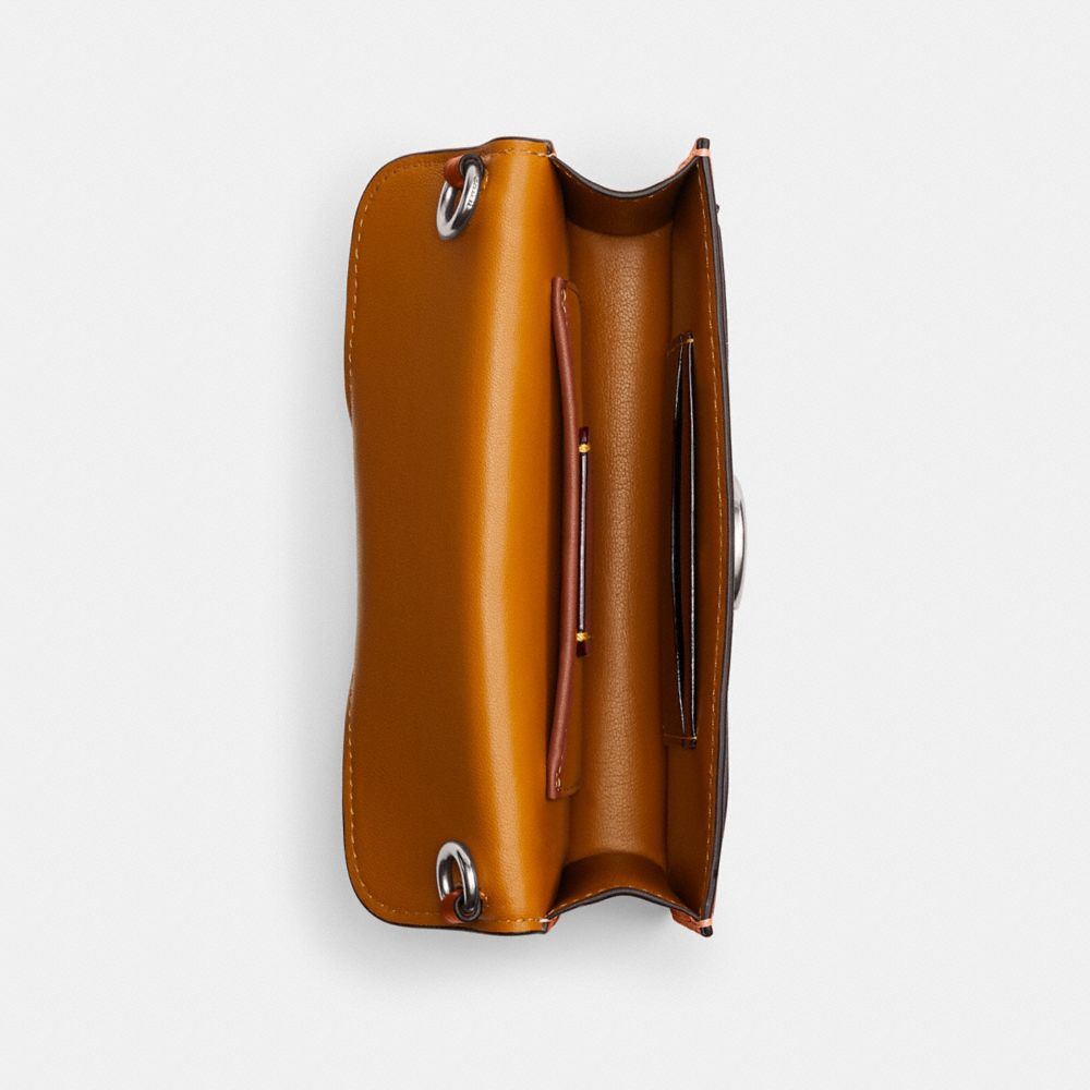 COACH®,Tabby Crossbody Wristlet,Leather,Crossbody,Wristlet,Logo,Stitching,Silver Metal,Casual,Brown,Inside View,Top View