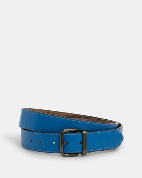 COACH®,ROLLER BUCKLE CUT-TO-SIZE REVERSIBLE BELT, 38MM,Leather,Black Antique Nickel/Khaki/Bright Blue,Front View