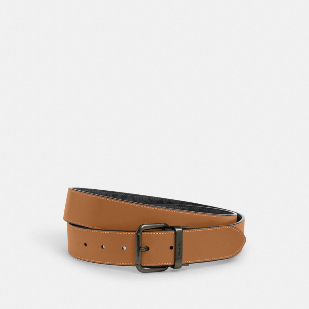 COACH®,ROLLER BUCKLE CUT-TO-SIZE REVERSIBLE BELT, 38MM,Qb/Charcoal/Light Saddle,Front View