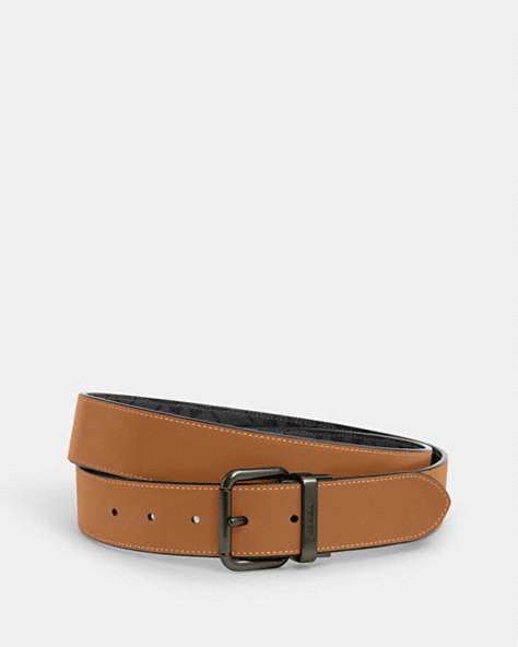 COACH®,ROLLER BUCKLE CUT-TO-SIZE REVERSIBLE BELT, 38MM,Leather,Qb/Charcoal/Light Saddle,Front View