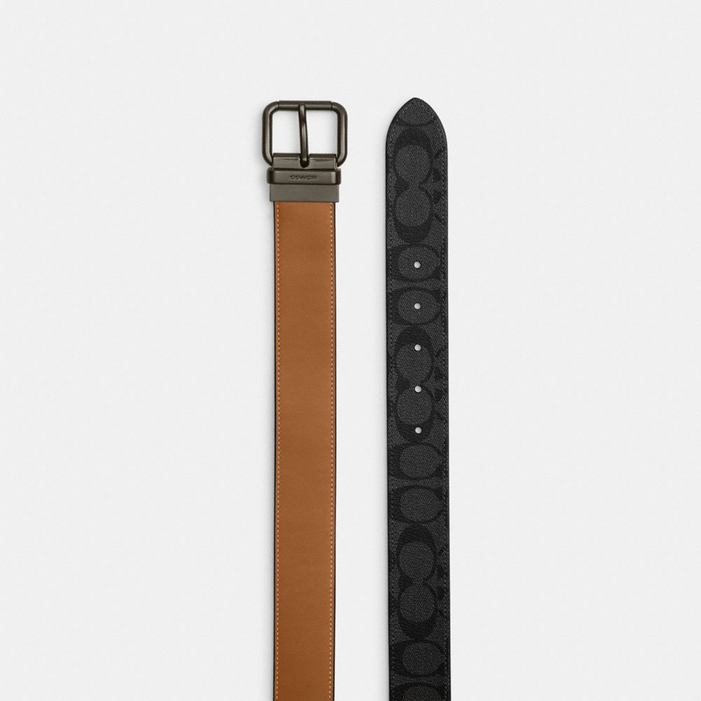 COACH®,ROLLER BUCKLE CUT-TO-SIZE REVERSIBLE BELT, 38MM,Qb/Charcoal/Light Saddle,Angle View