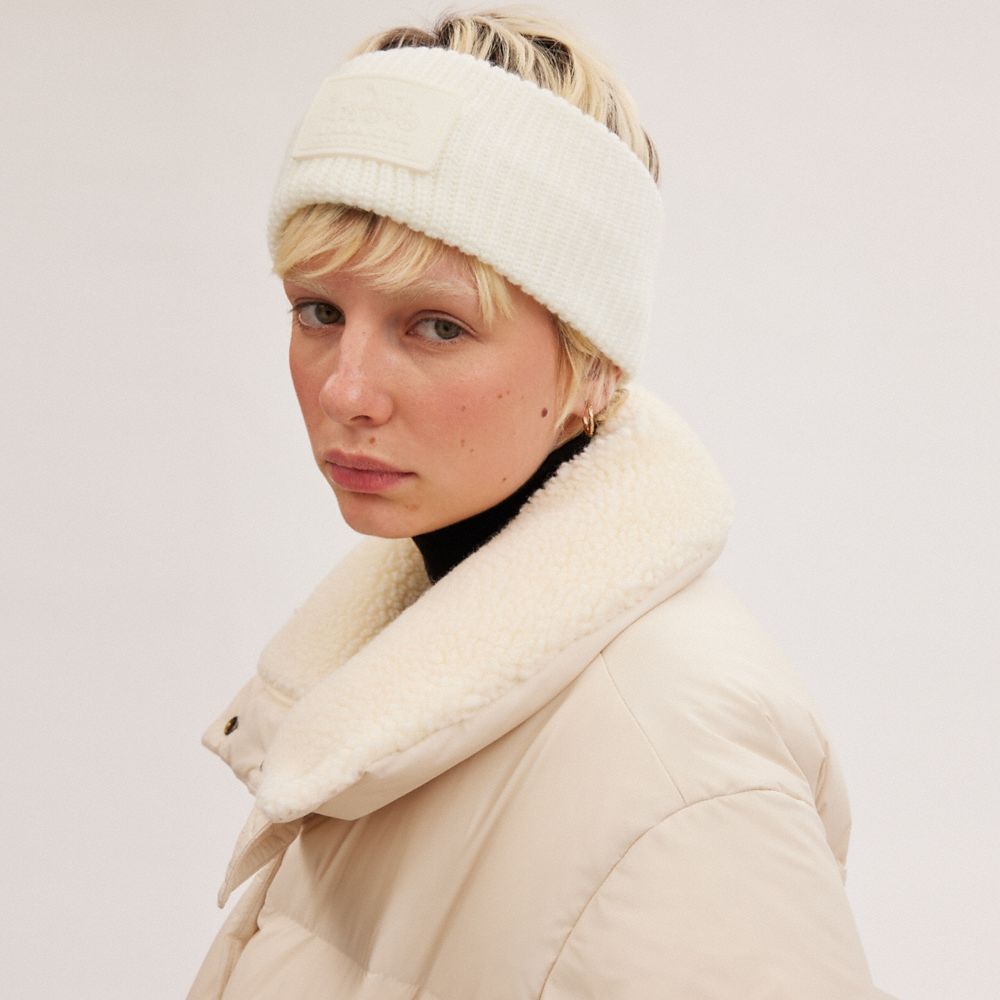COACH®,KNIT HEADBAND WITH RUBBER PATCH,Cream,Detail View