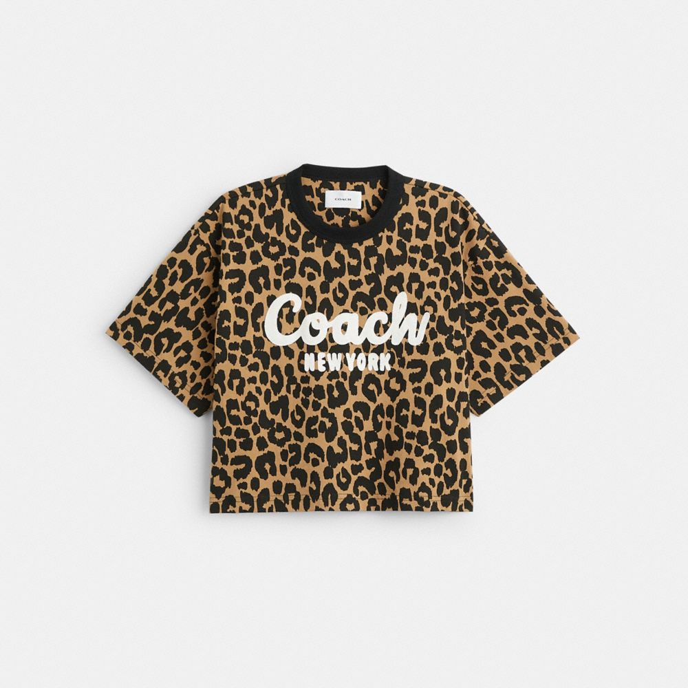 COACH®,LEOPARD CURSIVE SIGNATURE CROPPED T-SHIRT,Leopard,Front View image number 0