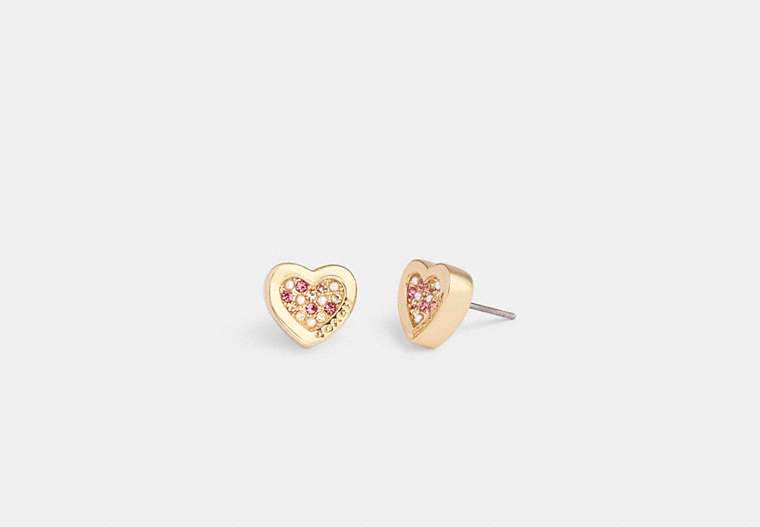 COACH®,PAVÉ HEART STUD EARRINGS,Metal,Gold/Pink,Front View image number 0