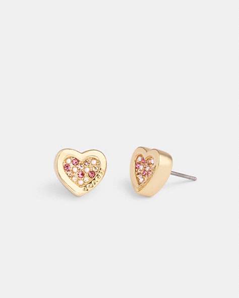 COACH®,PAVÉ HEART STUD EARRINGS,Metal,Gold/Pink,Front View
