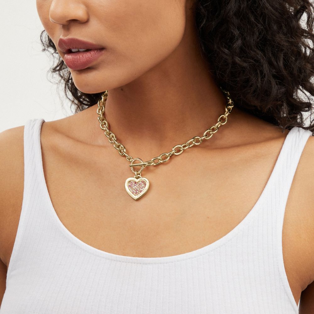COACH®,Pavé Heart Chain Necklace,,Detail View