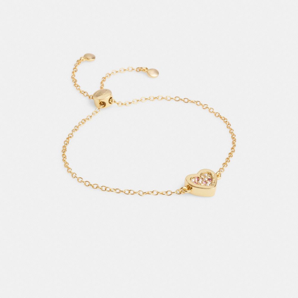 COACH®,PAVÉ HEART SLIDER BRACELET,Gold/Pink,Front View