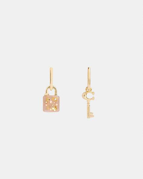 COACH®,RESIN PADLOCK AND KEY MISMATCH EARRINGS,cotton,Gold/Pink,Front View