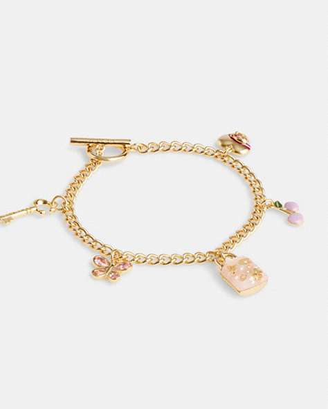 COACH®,RESIN PADLOCK CHARM BRACELET,Leather,Gold/Pink,Front View
