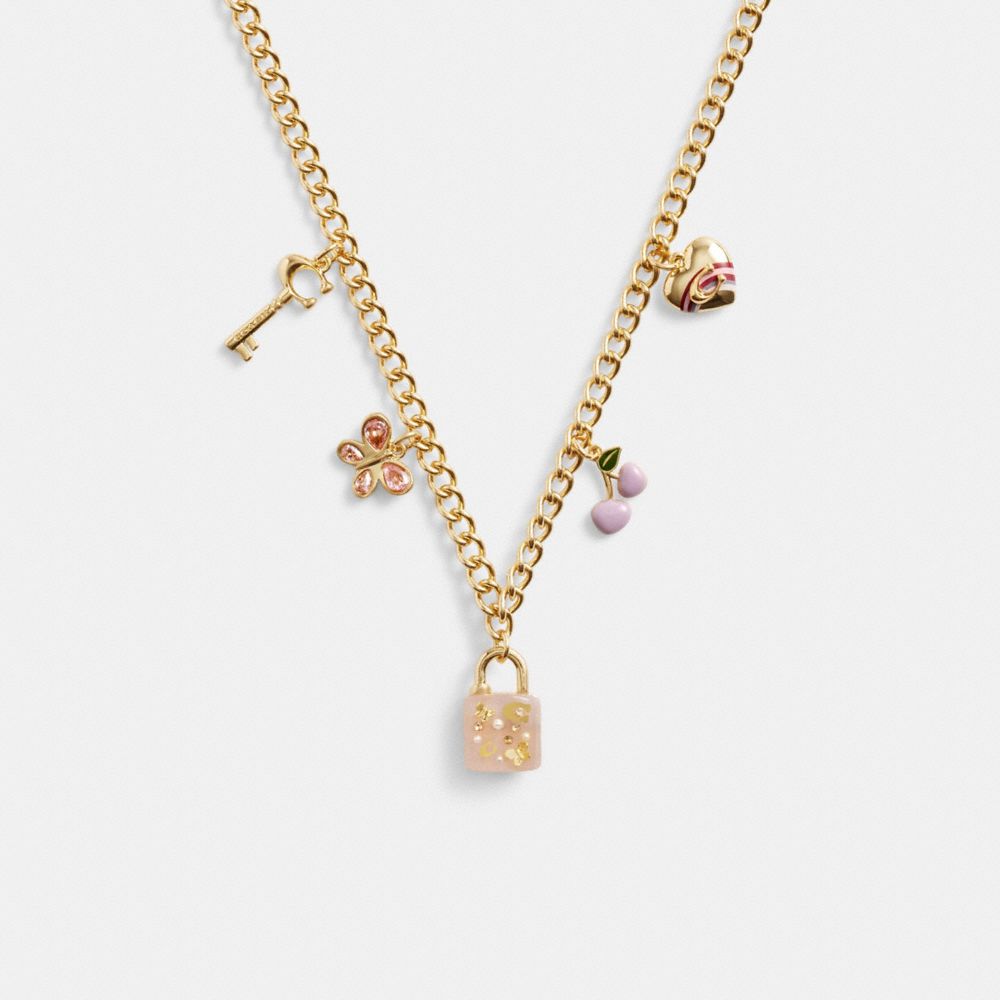 COACH®,RESIN PADLOCK CHARM NECKLACE,Gold/Pink,Front View