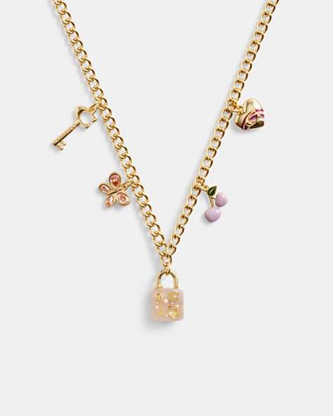 COACH®,RESIN PADLOCK CHARM NECKLACE,cotton,Gold/Pink,Front View