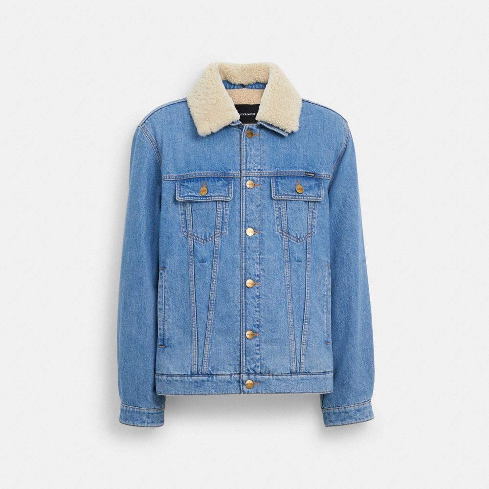 COACH®,DENIM JACKET WITH SHERPA LINING,Medium Indigo,Front View