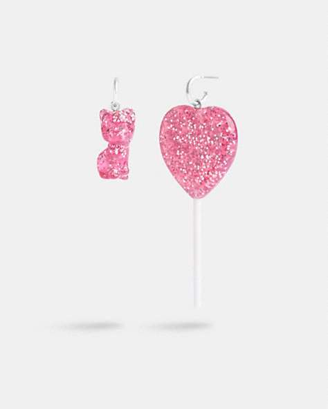 COACH®,THE LIL NAS X DROP CAT AND HEART LOLLIPOP MISMATCH EARRINGS,resin,Silver/Pink,Front View