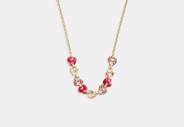 COACH®,PAVÉ HEARTS CHAIN LINK NECKLACE,Plated Brass,Gold/Pink Multi,Front View