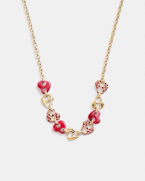 COACH®,PAVÉ HEARTS CHAIN LINK NECKLACE,Plated Brass,Gold/Pink Multi,Front View