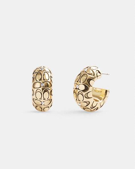 COACH®,QUILTED SIGNATURE CHUNKY HOOP EARRINGS,Plated Brass,Gold,Front View