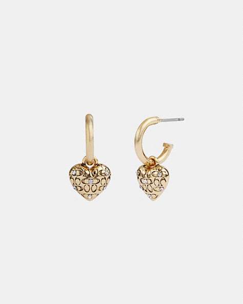 COACH®,QUILTED SIGNATURE HEART HUGGIE EARRINGS,Plated Brass,Gold,Front View