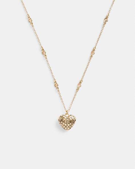 COACH®,QUILTED SIGNATURE HEART PENDANT NECKLACE,Plated Brass,Gold,Front View