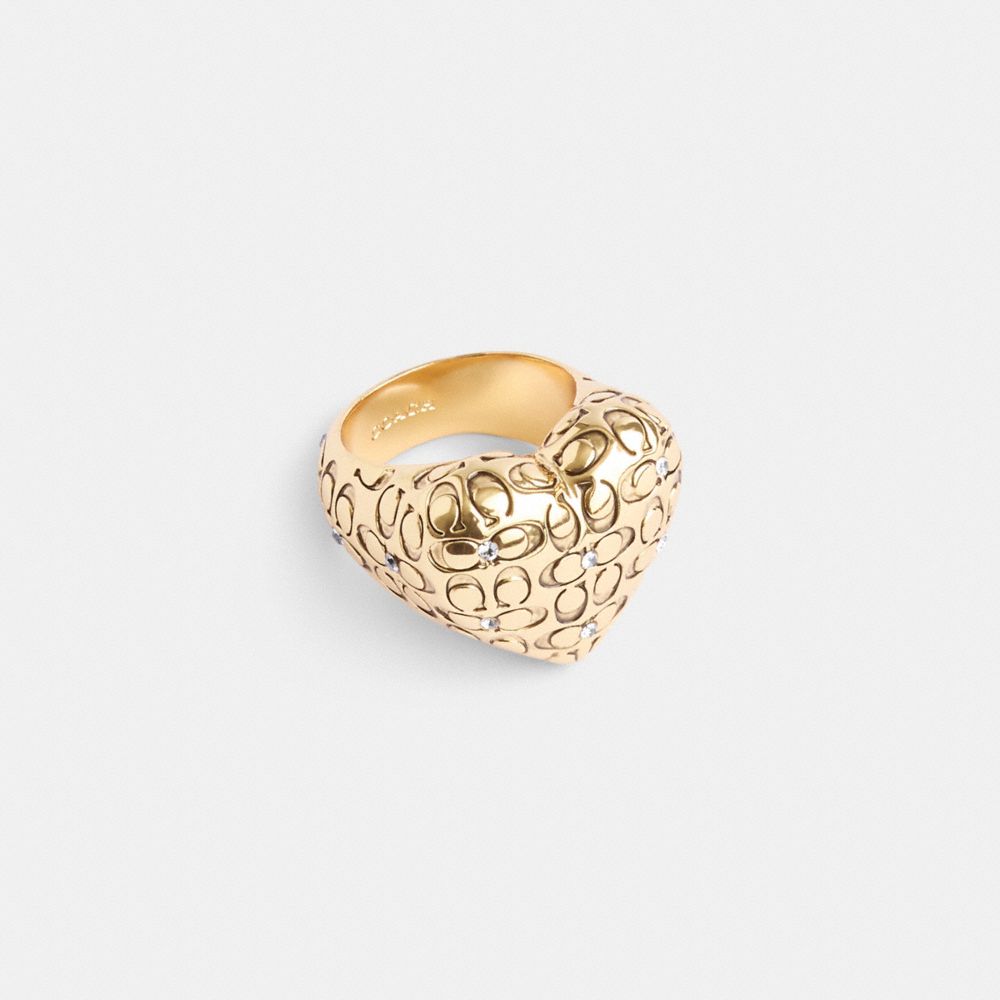 COACH®,QUILTED SIGNATURE HEART RING,Plated Brass,Gold,Front View