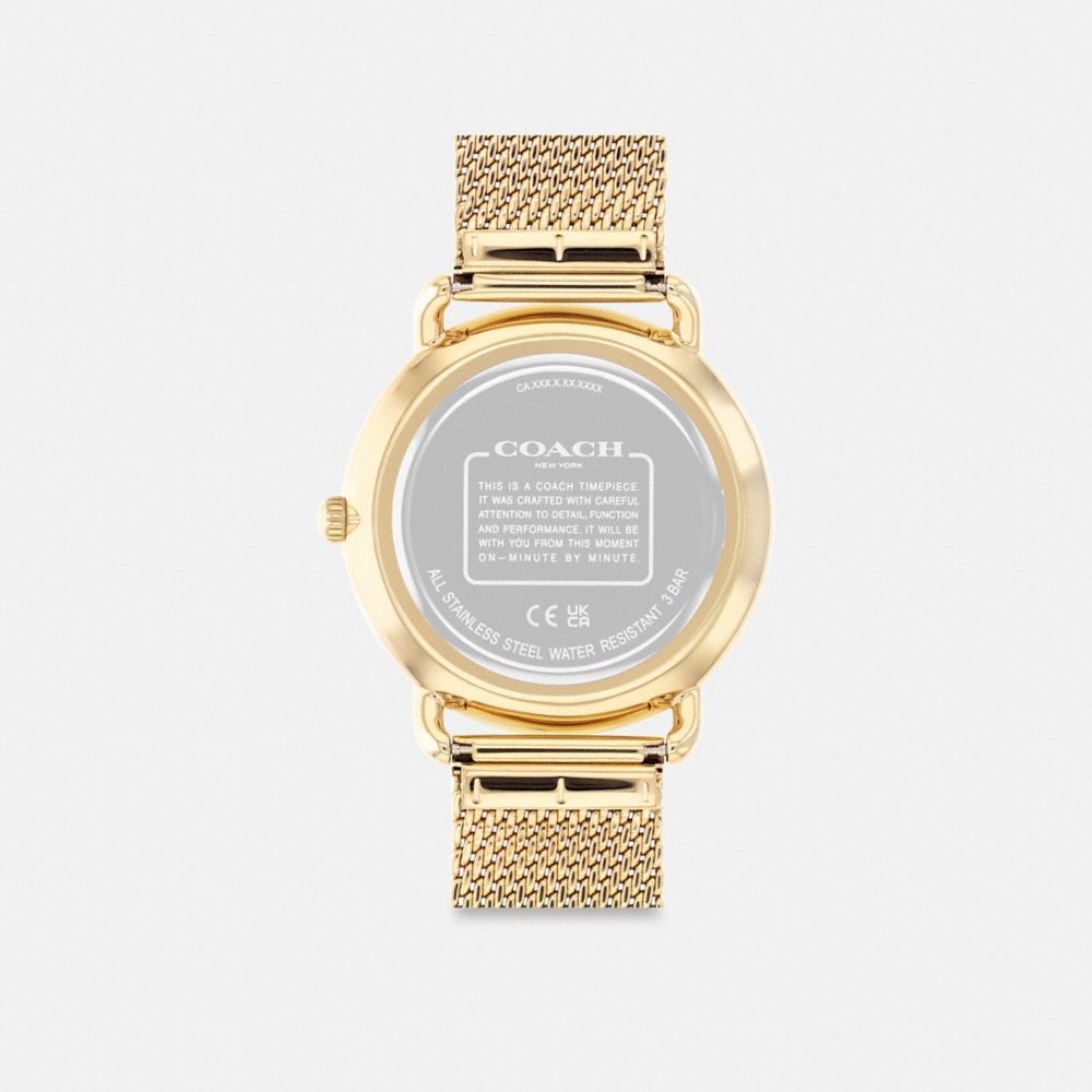 COACH®,Elliot Watch, 41 Mm,Analog,Mineral,Crystal,Logo,Word Embellishment,Water Resistant,Gold Metal,Work,,Back View