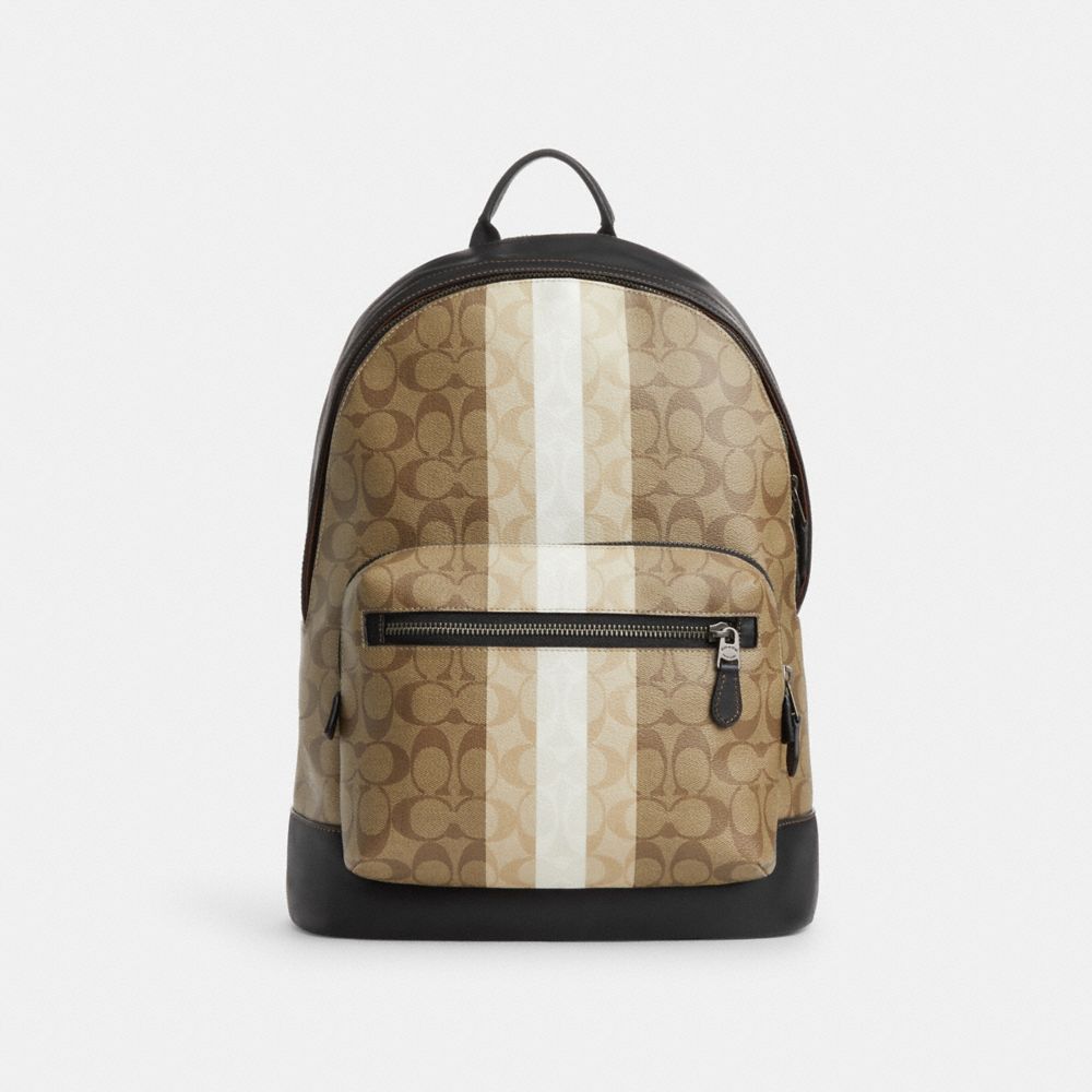 COACH®,WEST BACKPACK IN BLOCKED SIGNATURE CANVAS WITH VARSITY STRIPE,Signature Canvas,Gunmetal/Khaki Multi,Front View