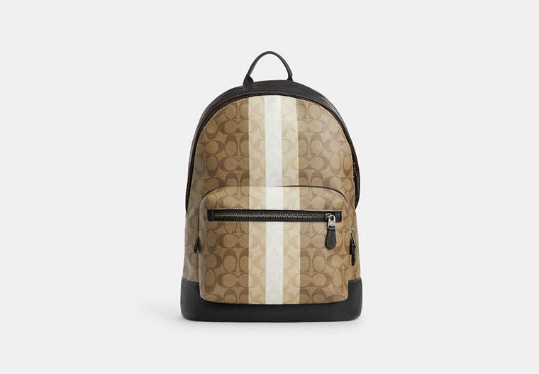 COACH®,WEST BACKPACK IN BLOCKED SIGNATURE CANVAS WITH VARSITY STRIPE,Coated Canvas,X-Large,Gunmetal/Khaki Multi,Front View