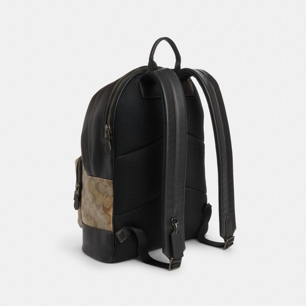 COACH®,WEST BACKPACK IN BLOCKED SIGNATURE CANVAS WITH VARSITY STRIPE,Signature Canvas,Gunmetal/Khaki Multi,Angle View