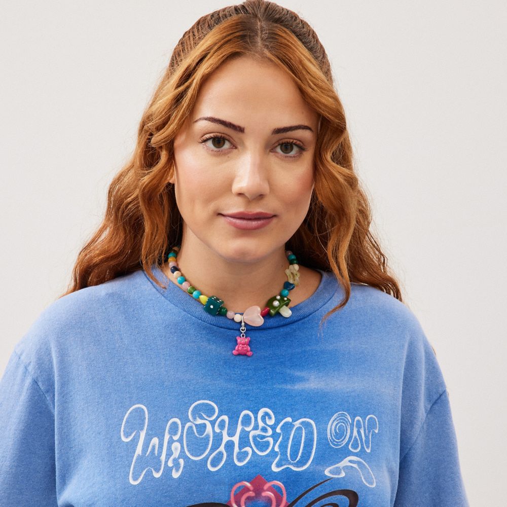 COACH®,Charm Necklace In Recycled Materials,Choker,Beaded,Bead Embellishment,Heart Embellishment,Day Party,Multi Color,Detail View