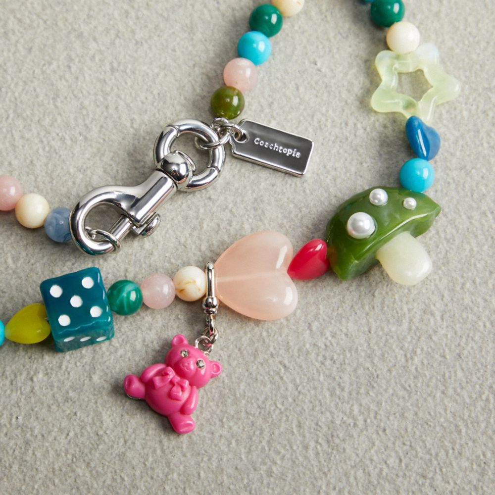 COACH®,Charm Necklace In Recycled Materials,Choker,Beaded,Bead Embellishment,Heart Embellishment,Day Party,Multi Color,Closer View