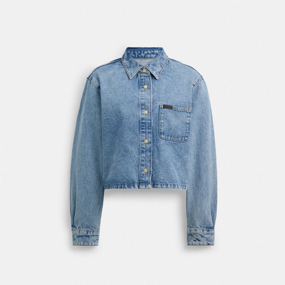 COACH®,CROPPED DENIM BUTTON DOWN,Denim,Blue,Front View image number 0