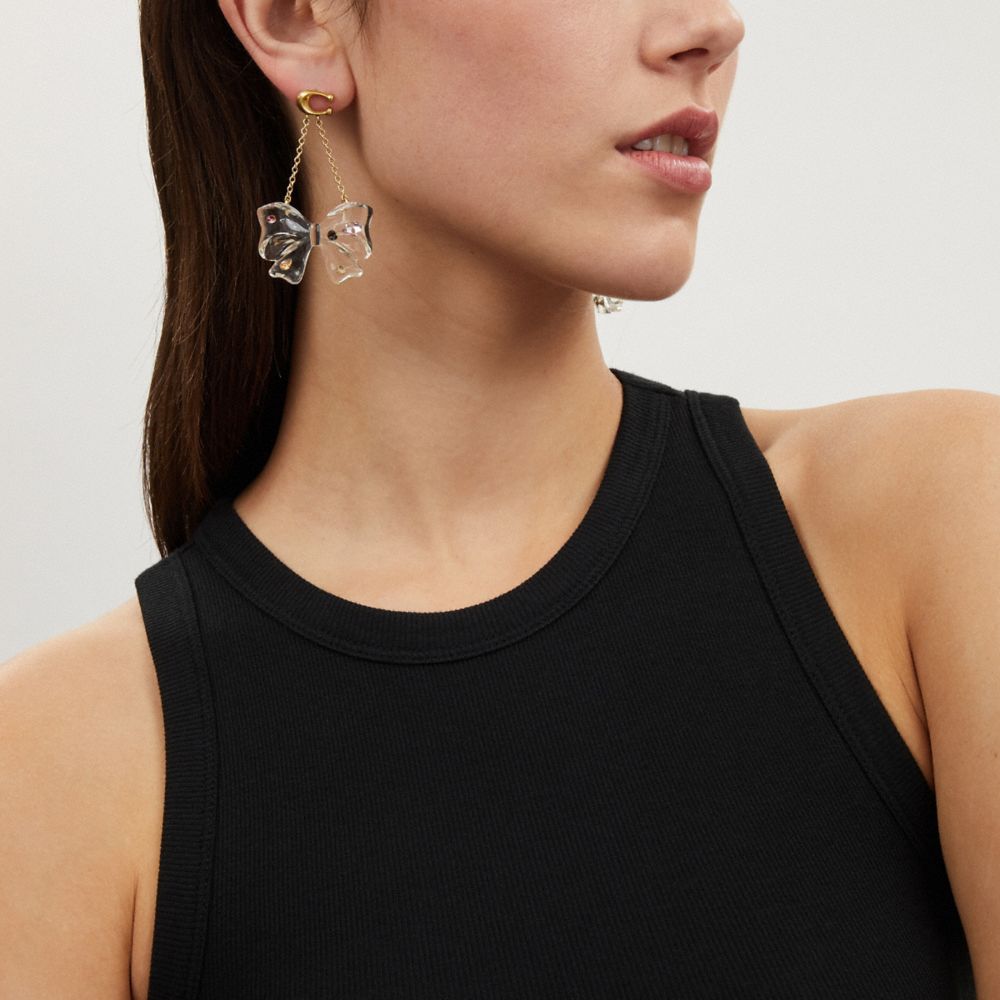 COACH®,SIGNATURE BOW STATEMENT EARRINGS,Gold/Clear,Detail View
