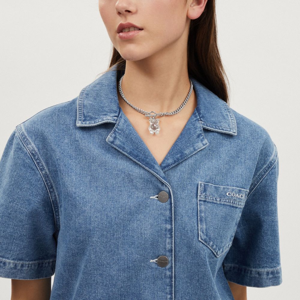 COACH®,Resin Bear Chain Necklace,Single Strand,Resin,3D Embellishment,Rhinestones,Silver Metal,Day Party,Clear,Detail View