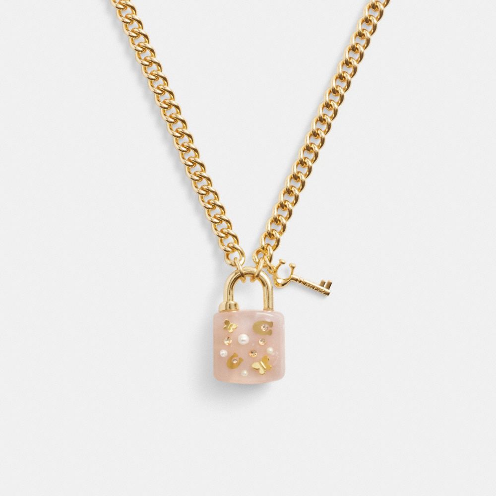 COACH®,RESIN PADLOCK CHAIN LINK NECKLACE,Gold/Pink,Front View