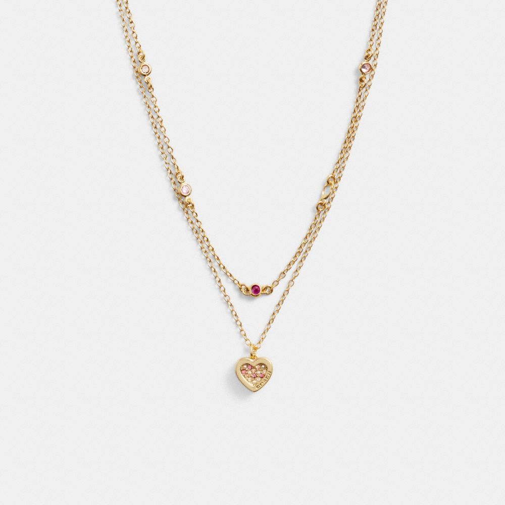 COACH®,PAVÉ HEART LAYERED NECKLACE,Gold/Pink,Front View