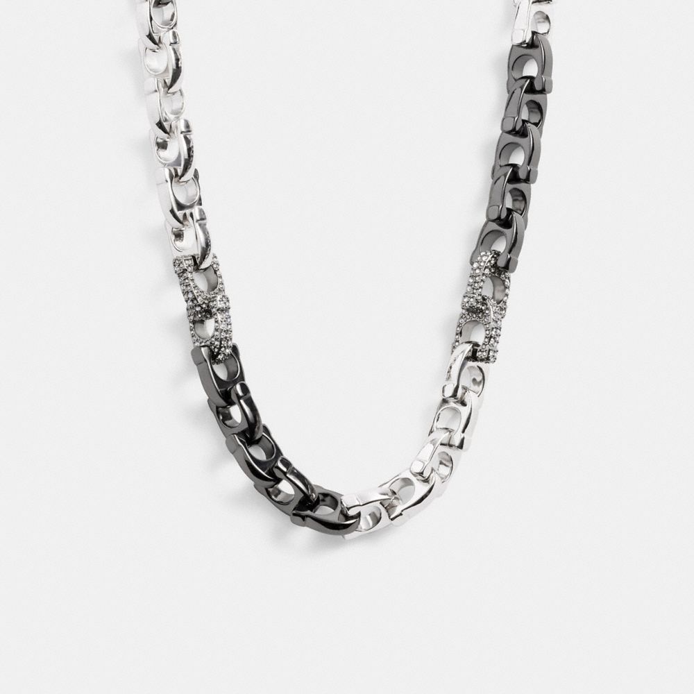 COACH®,PAVÉ SIGNATURE MIXED CHAIN NECKLACE,Plated Brass,Silver & Clear,Front View