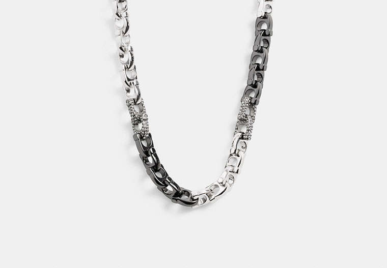 COACH®,PAVÉ SIGNATURE MIXED CHAIN NECKLACE,Plated Brass,Silver & Clear,Front View