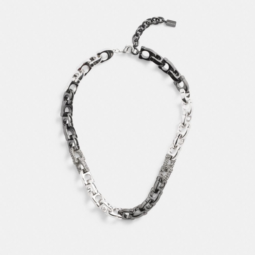 COACH®,PAVÉ SIGNATURE MIXED CHAIN NECKLACE,Plated Brass,Silver & Clear,Inside View,Top View