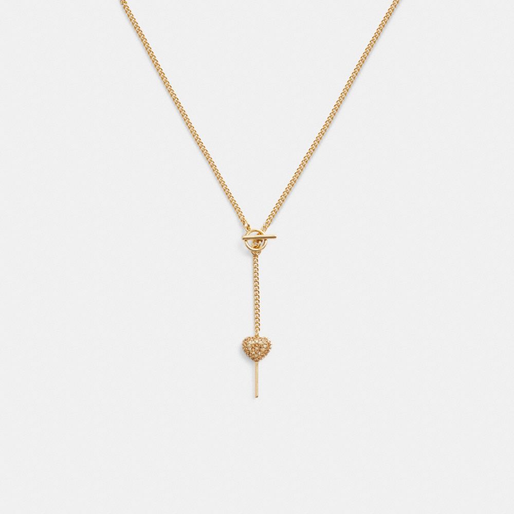 COACH®,HEART LOLLIPOP LARIAT NECKLACE,Plated Brass,Gold,Front View