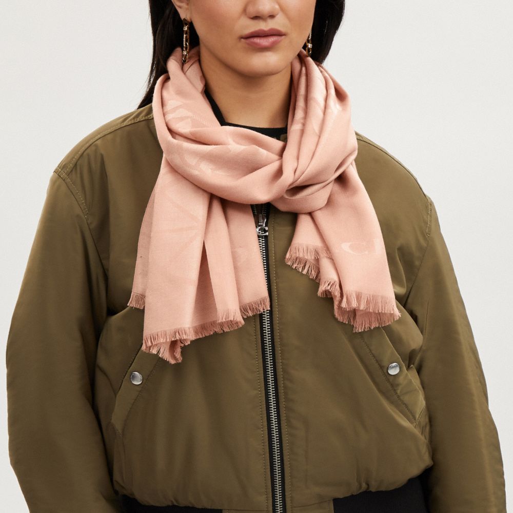COACH®,Jumbo Horse And Carriage Wrap,Wool,Rectangle,Frayed,Logo,Casual,Pink,Detail View