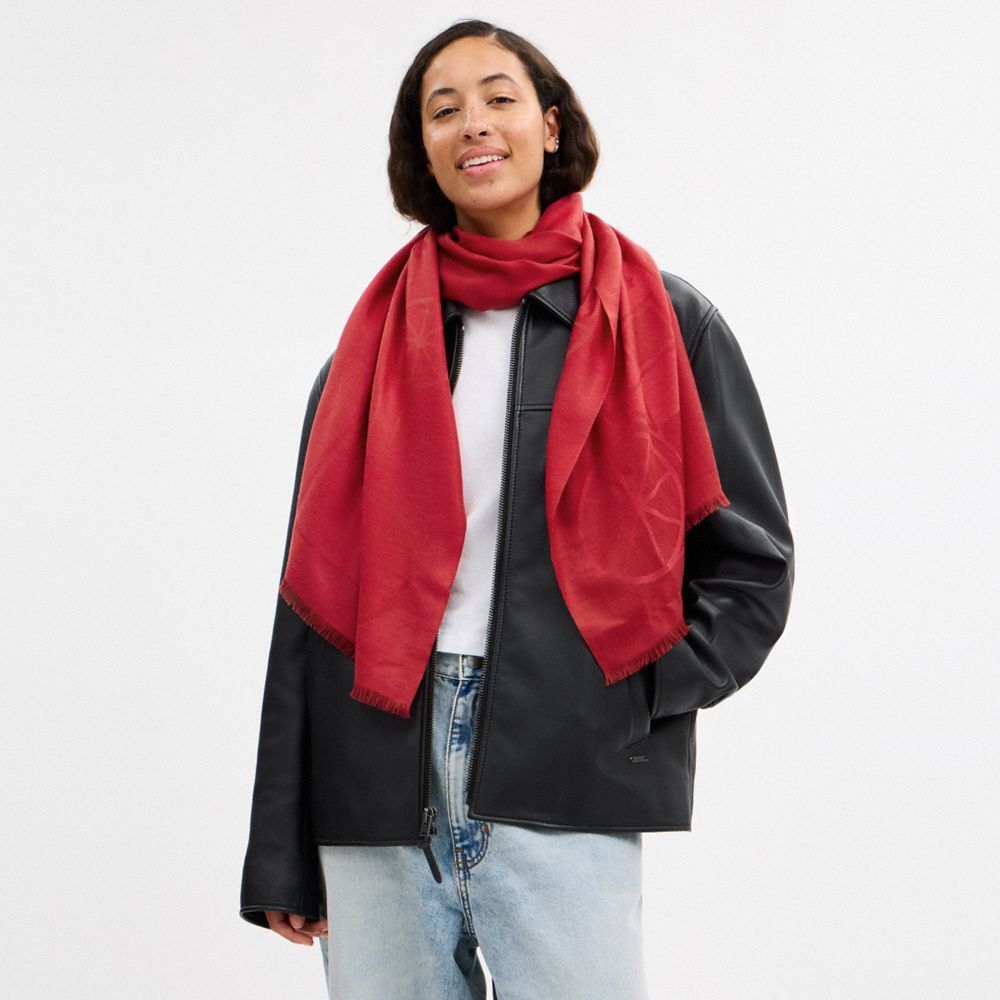 COACH®,Jumbo Horse And Carriage Wrap,Wool,Rectangle,Frayed,Logo,Casual,Red,Detail View