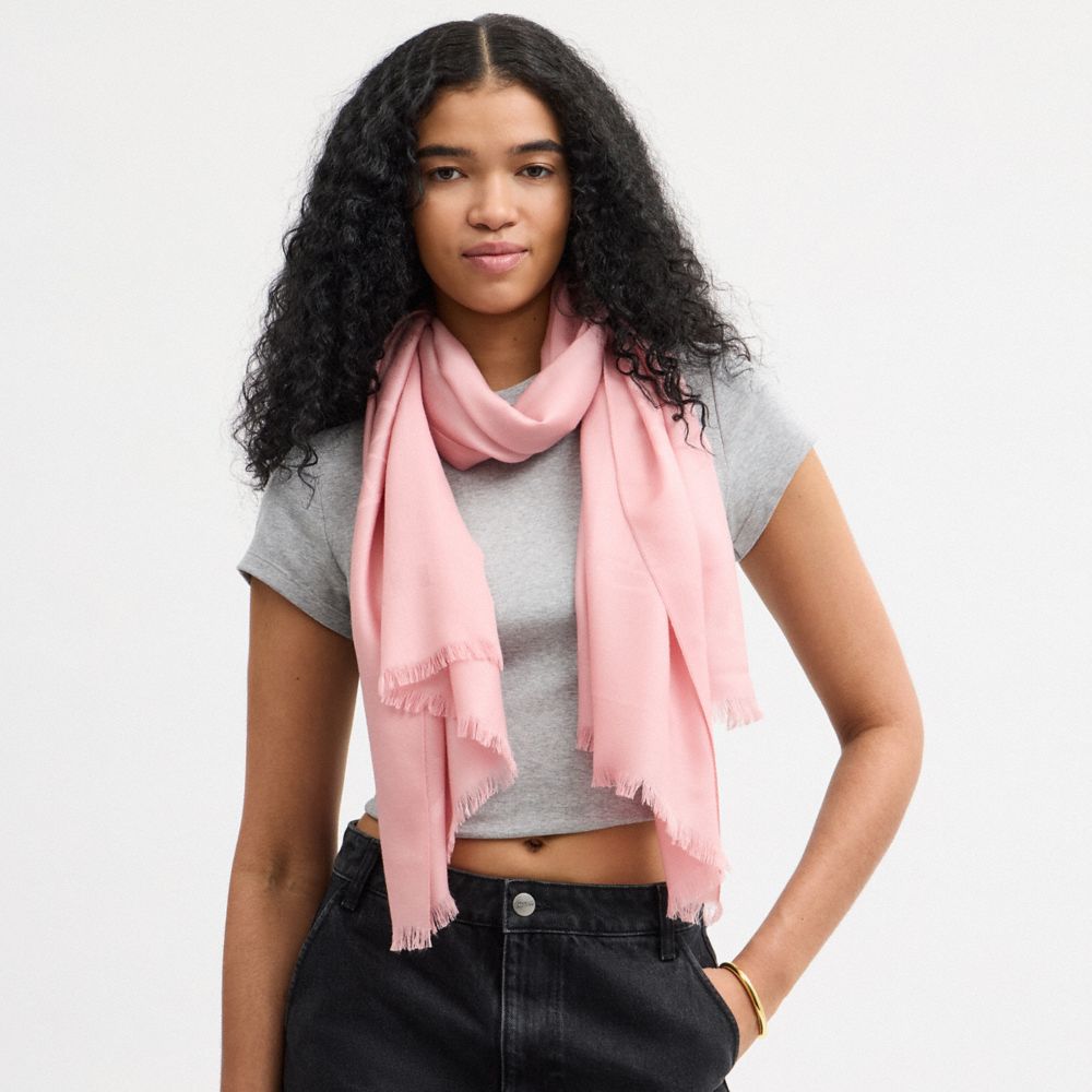 COACH®,Jumbo Horse And Carriage Wrap,Wool,Rectangle,Frayed,Logo,Casual,Blush,Detail View