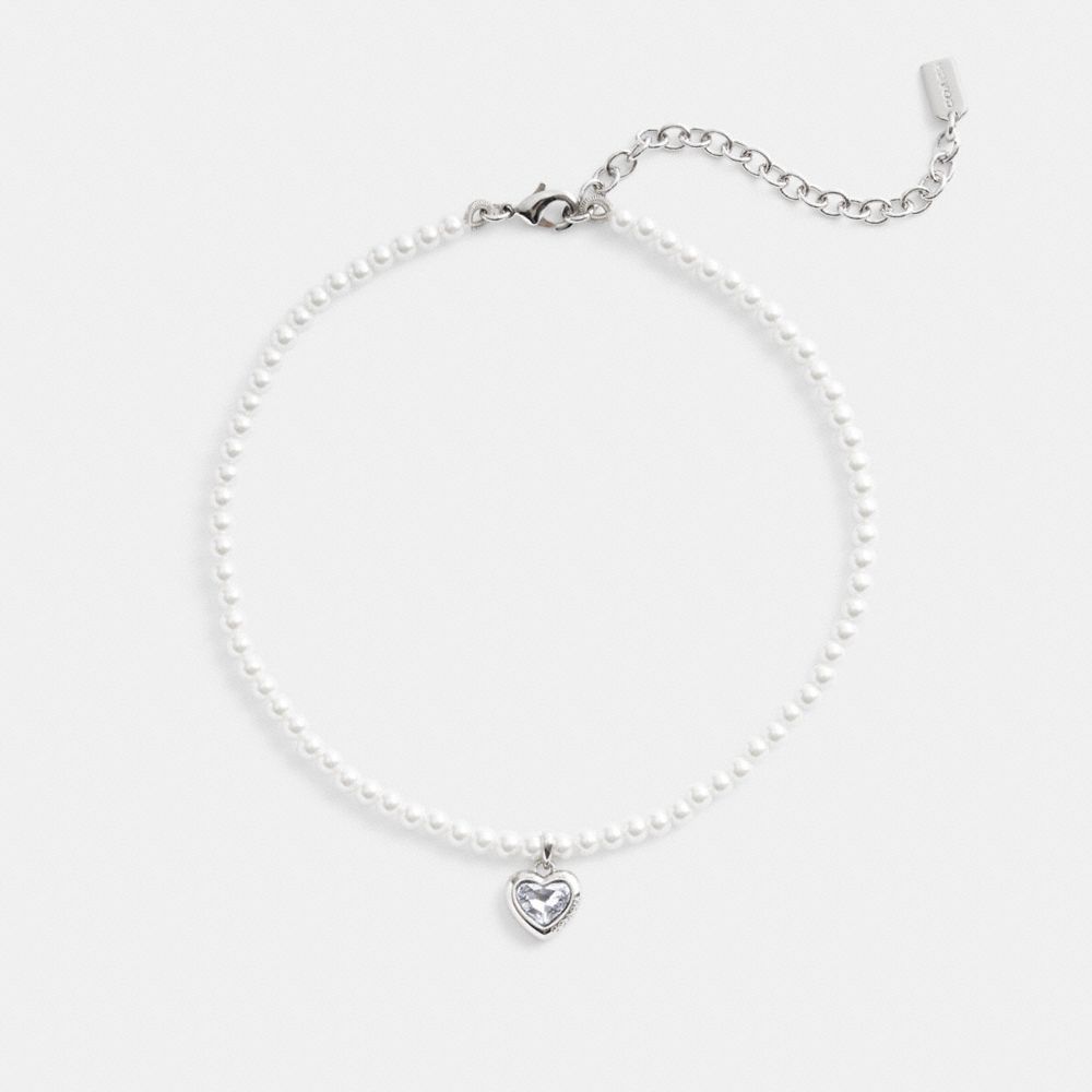 COACH®,HEART PEARL CHOKER NECKLACE,Plated Brass,Silver & Clear,Front View