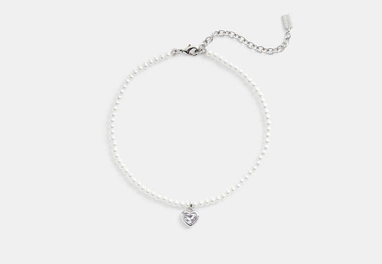 COACH®,HEART PEARL CHOKER NECKLACE,Plated Brass,Silver & Clear,Front View