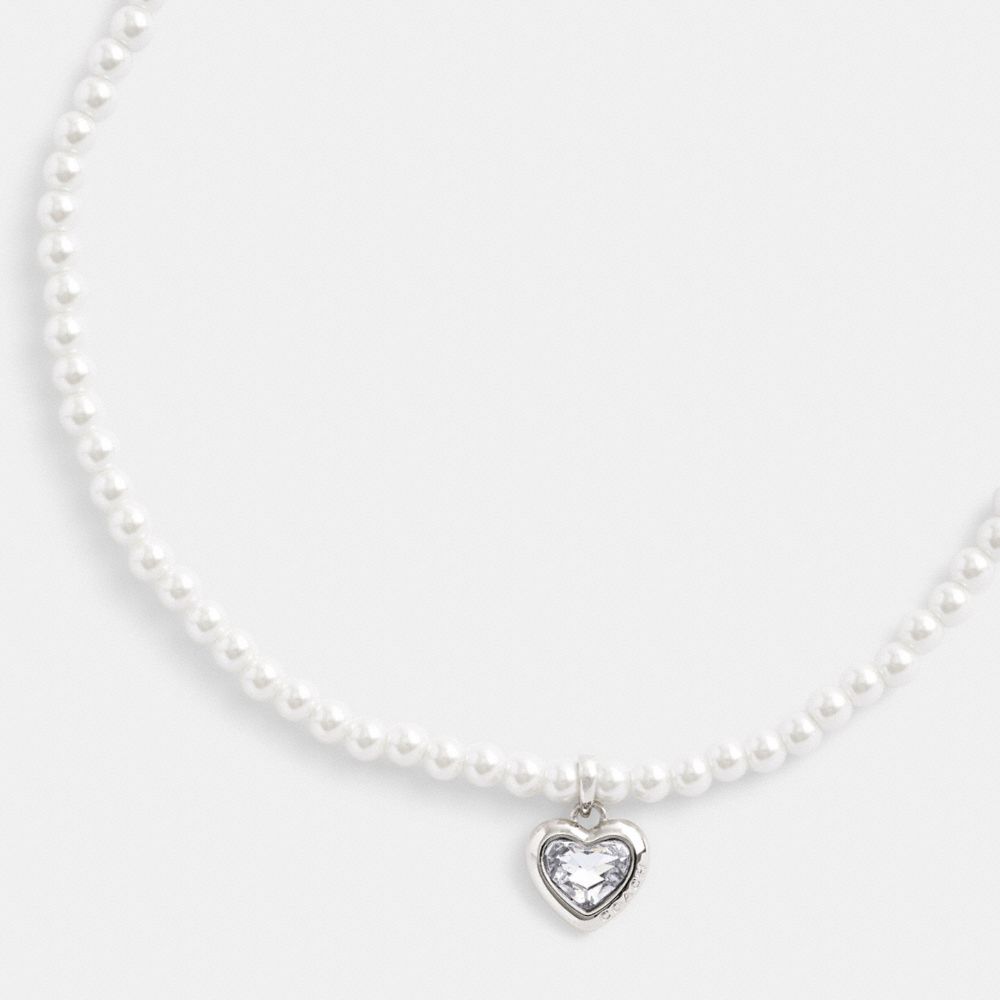 COACH®,HEART PEARL CHOKER NECKLACE,Plated Brass,Silver & Clear,Inside View,Top View