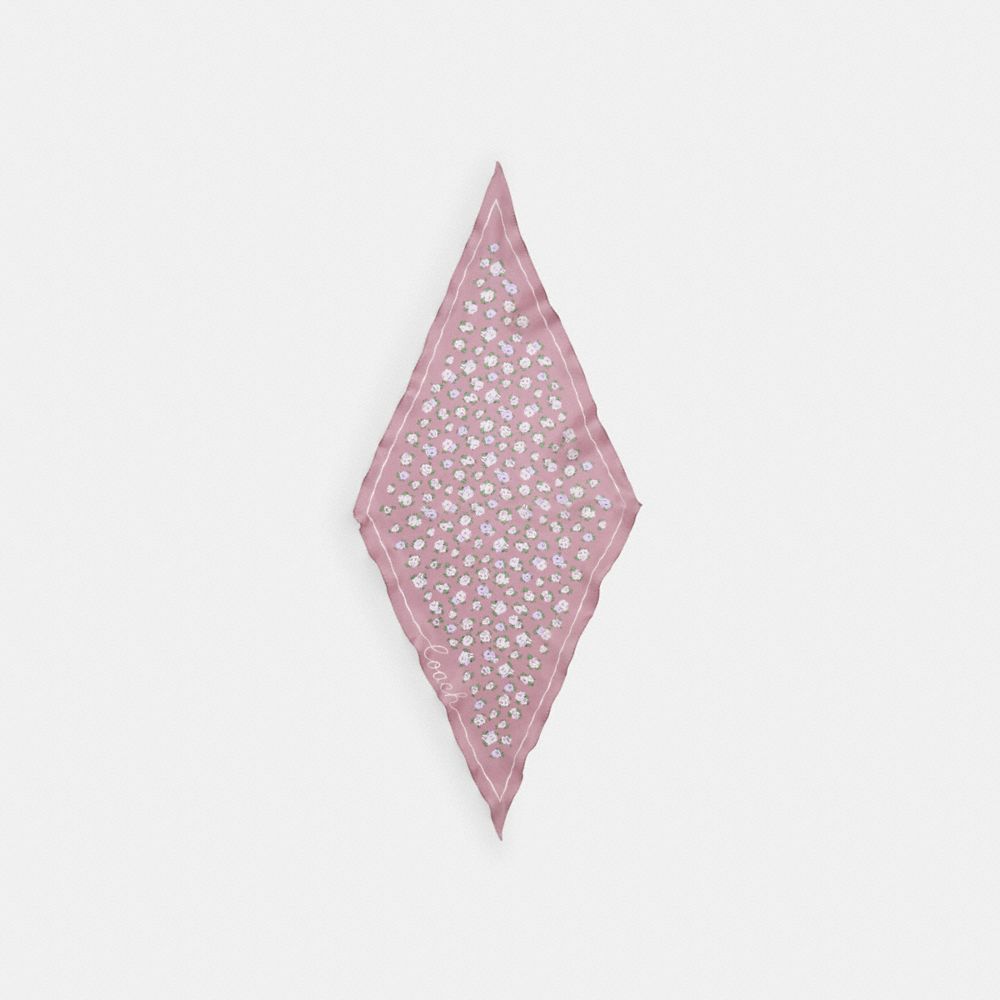 COACH®,Tea Rose Print Silk Diamond Scarf,Silk,Bandana,Piping,Logo,Casual,Pink,Front View