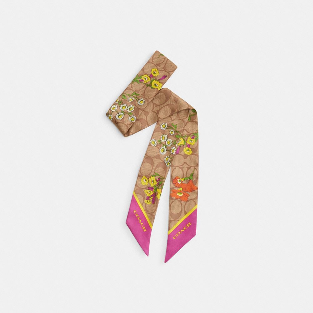 COACH®,SIGNATURE FLORAL PRINT SILK SKINNY SCARF,Silk,Khaki/Multicolor,Front View