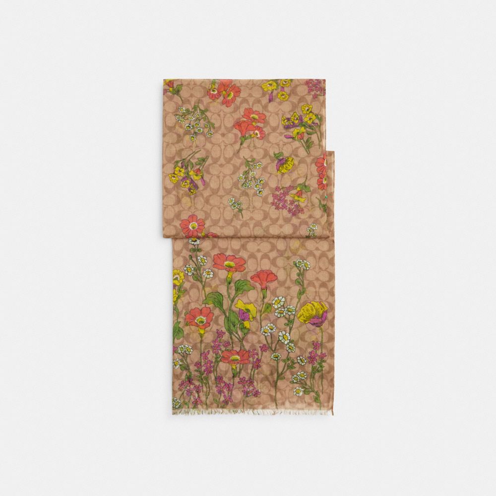 COACH®,SIGNATURE FLORAL PRINT OBLONG SCARF,Khaki/Multicolor,Front View