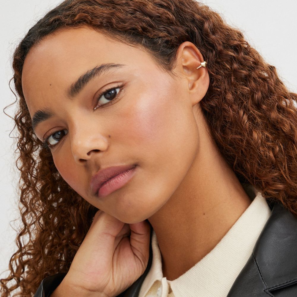 COACH®,Pavé Heart Ear Cuff,Ear Cuff,Single,Glass,Crystal,Cubic Zirconia,Embossed,Gem Embellishment,Brass,Casual,Clear,Detail View