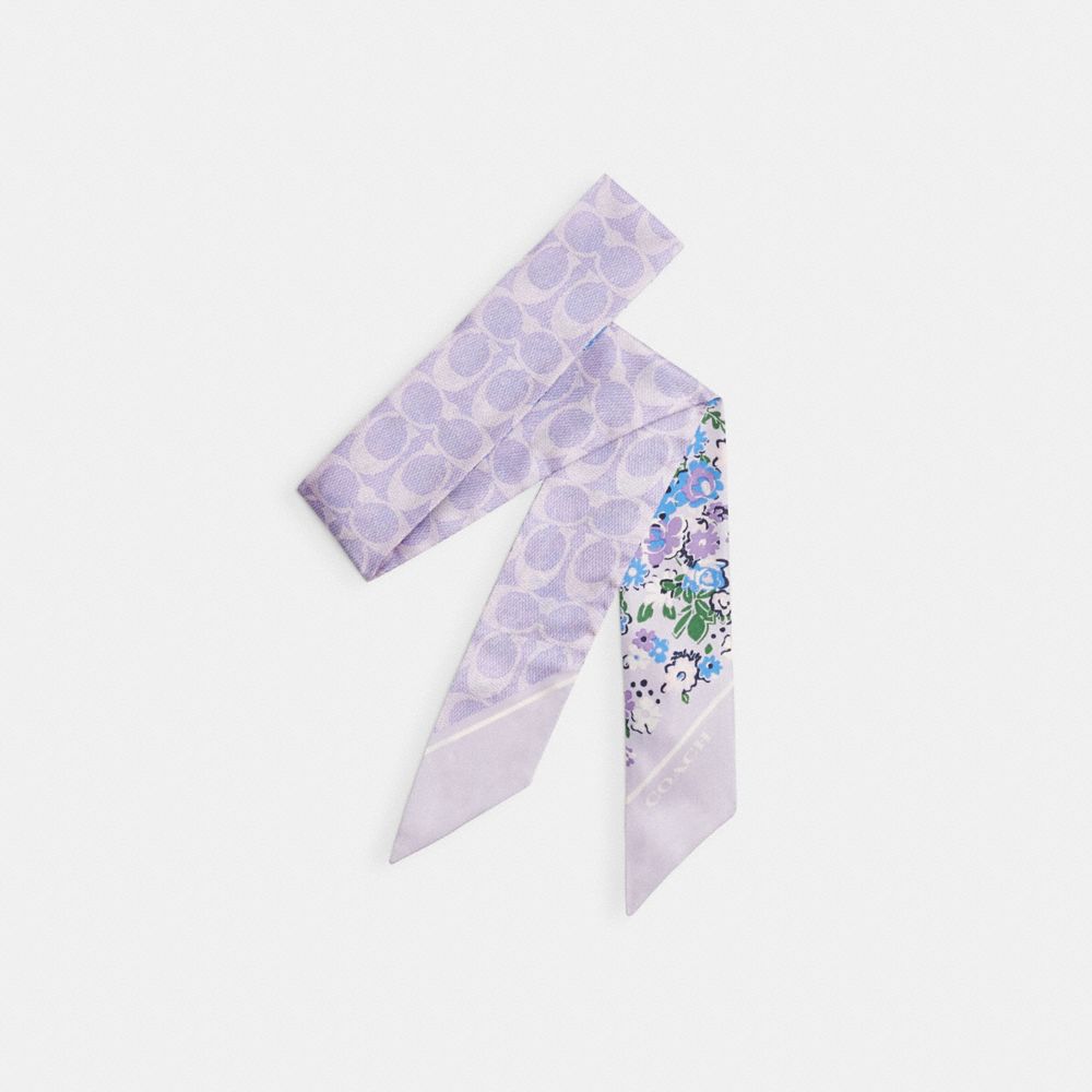 COACH®,FLORAL PRINT SILK SKINNY SCARF,Silk,Soft Purple,Front View